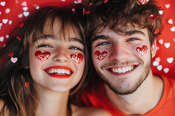 lifestyle beautiful smiling girl and young man with heart-shaped confetti on they cheeks and red lipstick on girl. concept - holiday makeup, valentine's day couple