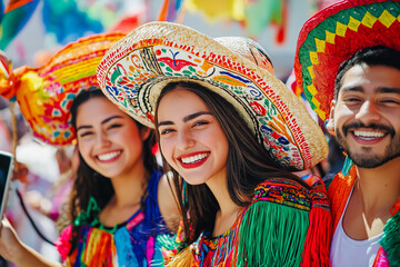 Wall Mural - Group of Friends Smiling and Celebrating Cinco de Mayo in Vibrant Traditional Attire with Colorful Sombreros.