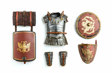 A collection of Roman-style armor pieces arranged for display.