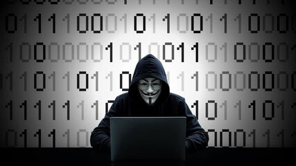 Hacker working on laptop on abstract digital background
