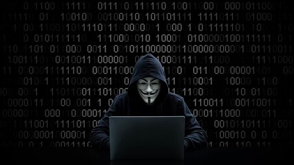 Hacker working on laptop on abstract digital background