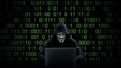 Hacker working on laptop on abstract digital background