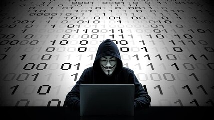 Hacker working on laptop on abstract digital background