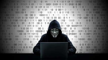 Hacker working on laptop on abstract digital background