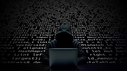 Hacker working on laptop on abstract digital background