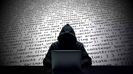 Hacker working on laptop on abstract digital background