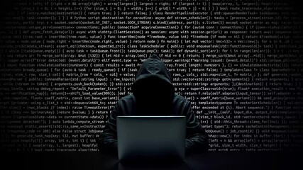 Hacker working on laptop on abstract digital background