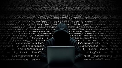Hacker working on laptop on abstract digital background