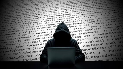 Hacker working on laptop on abstract digital background