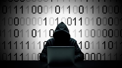 Hacker working on laptop on abstract digital background