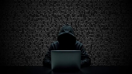 Hacker working on laptop on abstract digital background