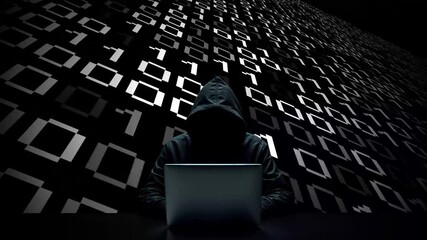 Hacker working on laptop on abstract digital background