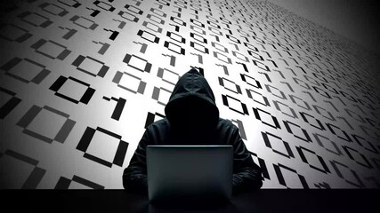 Hacker working on laptop on abstract digital background