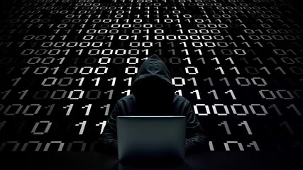 Hacker working on laptop on abstract digital background