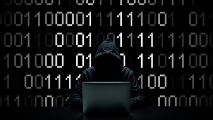 Hacker working on laptop on abstract digital background