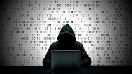Hacker working on laptop on abstract digital background