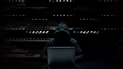 Hacker working on laptop on abstract digital background