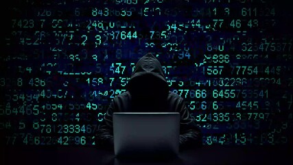 Hacker working on laptop on abstract digital background