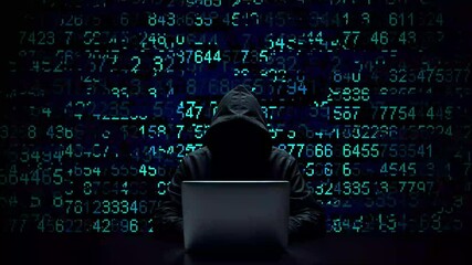 Hacker working on laptop on abstract digital background