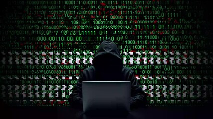 Hacker working on laptop on abstract digital background