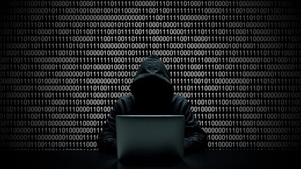 Hacker working on laptop on abstract digital background