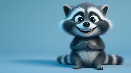 A Happy Cartoon Raccoon Sitting on Blue Background