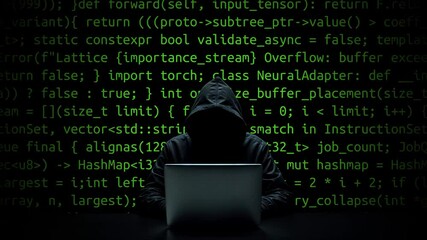 Hacker working on laptop on abstract digital background