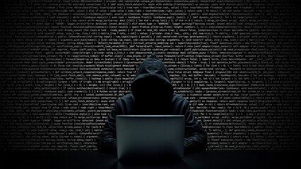 Hacker working on laptop on abstract digital background