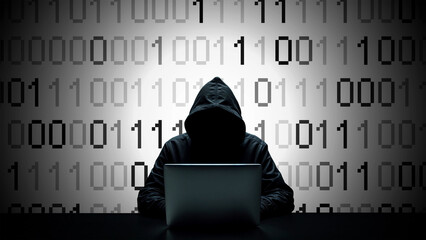 Hacker working on laptop on abstract digital background