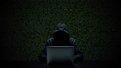 hacker working on laptop on abstract digital background