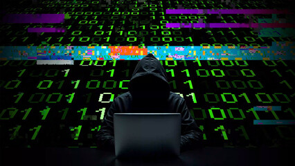 Hacker working on laptop on abstract digital background