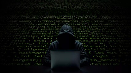 Hacker working on laptop on abstract digital background