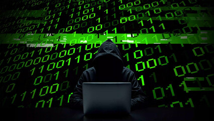 Hacker working on laptop on abstract digital background