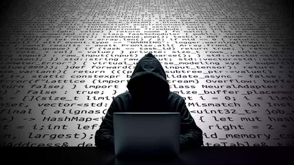 Hacker working on laptop on abstract digital background