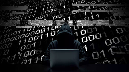 Hacker working on laptop on abstract digital background