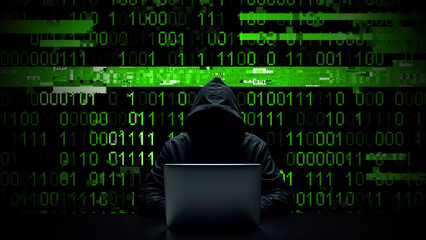 hacker working on laptop on abstract digital background