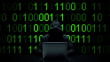 Hacker working on laptop on abstract digital background