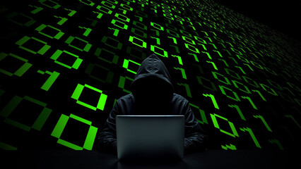 Hacker working on laptop on abstract digital background
