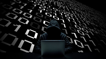 Hacker working on laptop on abstract digital background