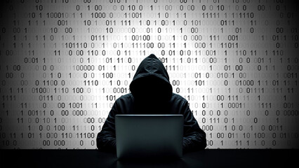 Hacker working on laptop on abstract digital background