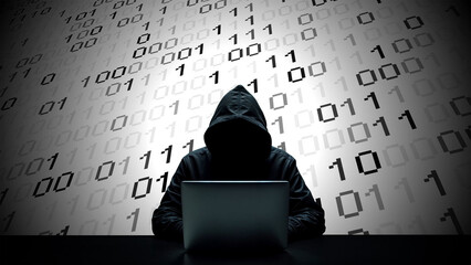 Hacker working on laptop on abstract digital background