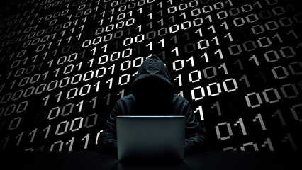 Hacker working on laptop on abstract digital background