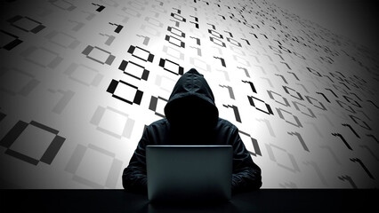 Hacker working on laptop on abstract digital background