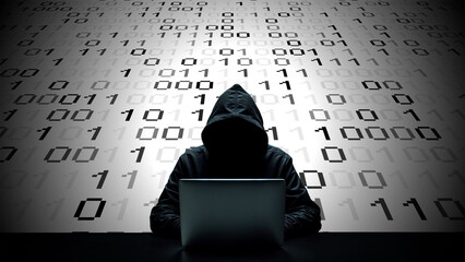 hacker working on laptop on abstract digital background