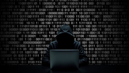 Hacker working on laptop on abstract digital background