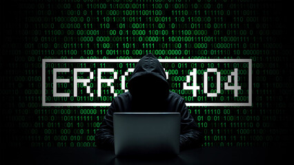 Hacker working on laptop on abstract digital background