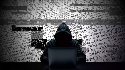 Hacker working on laptop on abstract digital background