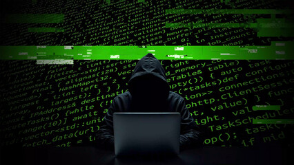 Hacker working on laptop on abstract digital background