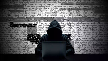 Hacker working on laptop on abstract digital background