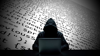 Hacker working on laptop on abstract digital background
